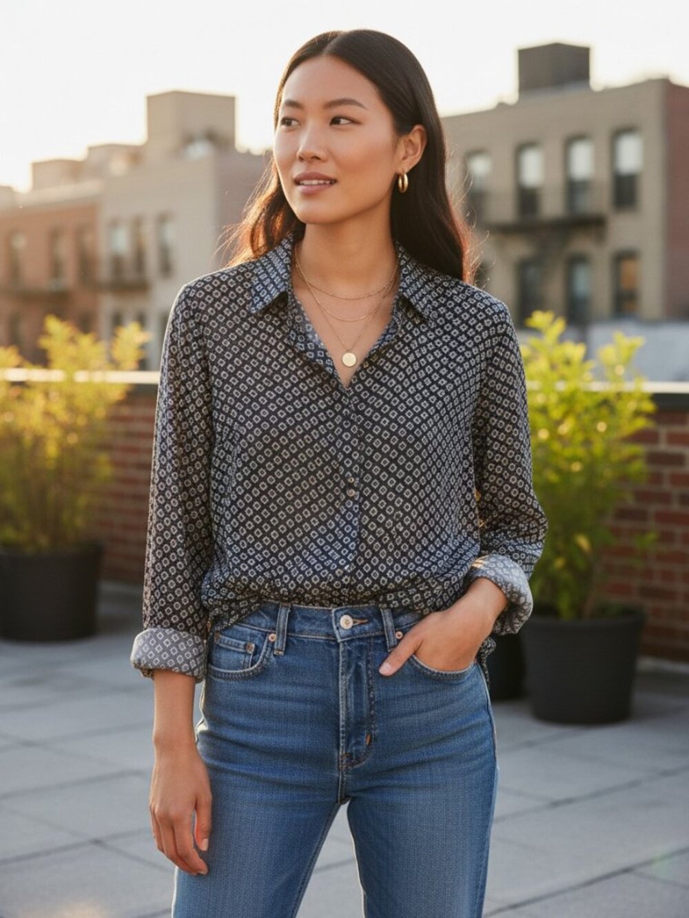 Philosophy Republic Clothing Geometric Print Button-Down Blouse XS Blue/Gold/Whi